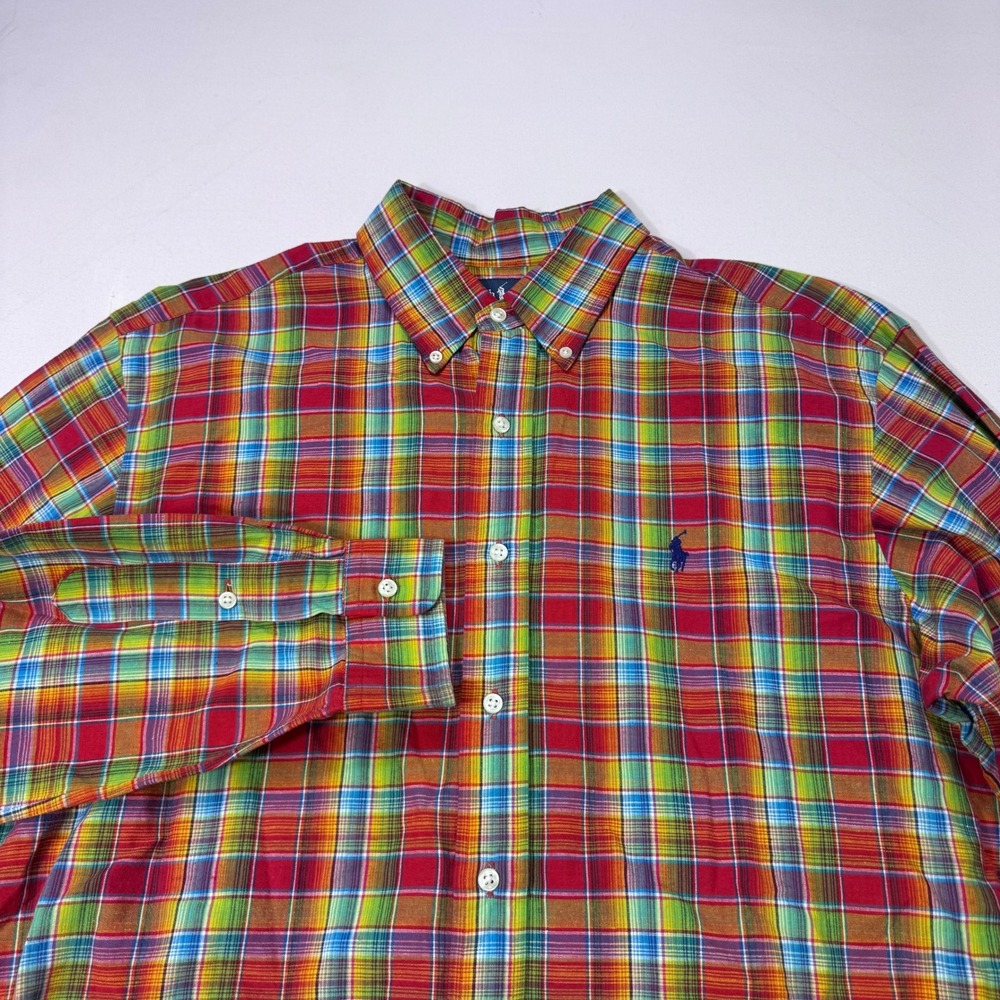 Ralph Lauren Classic Fit Plaid Shirt Mens Large Linen Madras Multicolor VTG